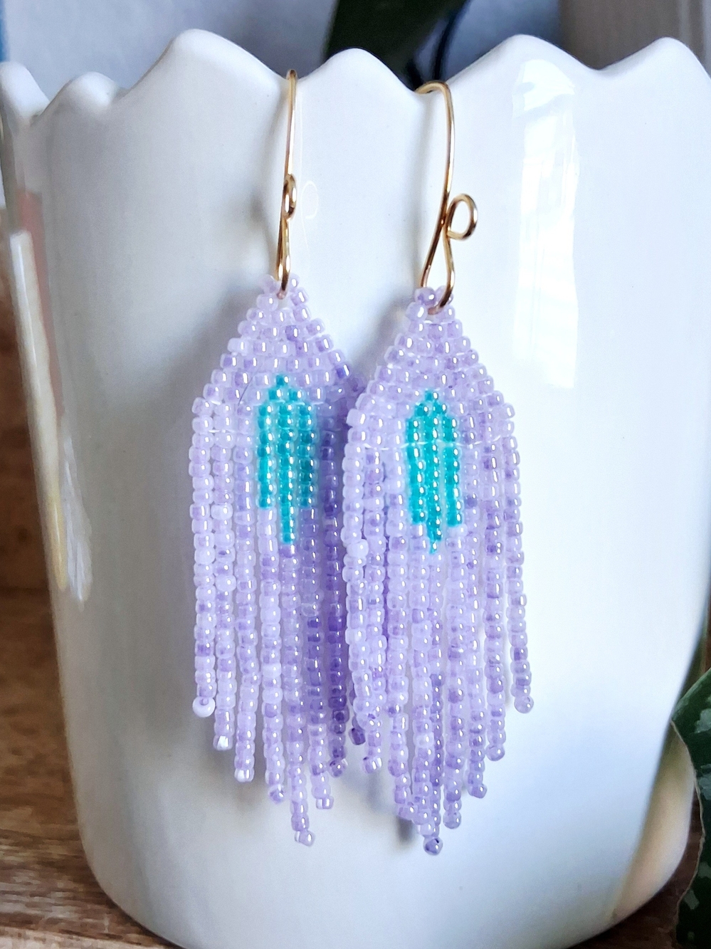 Lavender Seed Bead Fringe Earrings with Teal Accent